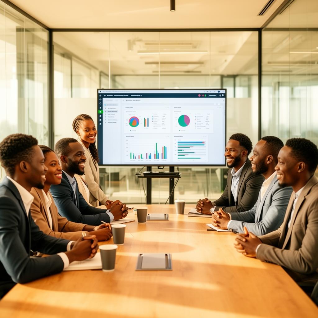 Corporate team collaborating with Swafie Tech software